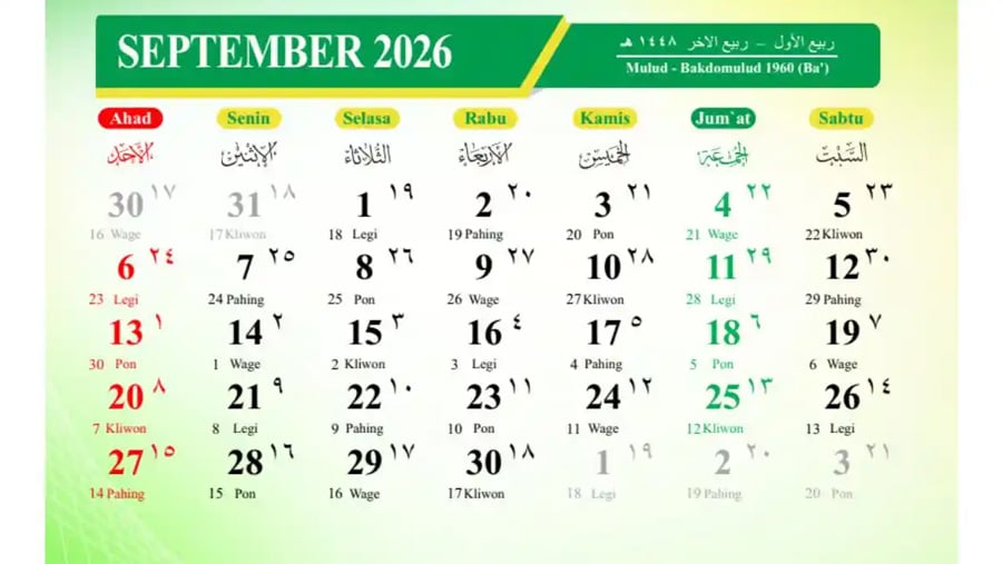 Kalender Jawa Hari Ini Rabu 16 September 2026./(Sumber foto : Kemenag RI)
