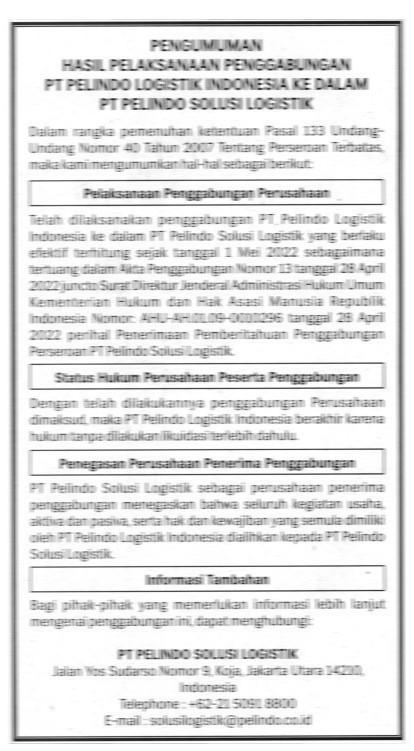 Keterbukaan Informasi Pelindo Logistik Indonesia 20 Mei 2022