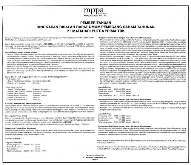 Hasil RUPS Matahari Putra Prima Tbk (MPPA) 25 Mei 2022