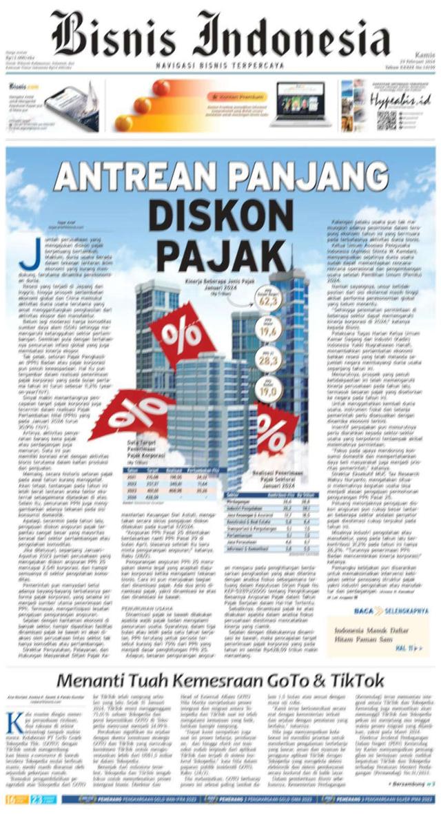 Daftar Judul Berita Koran Bisnis Indonesia Edisi 29 Februari 2024